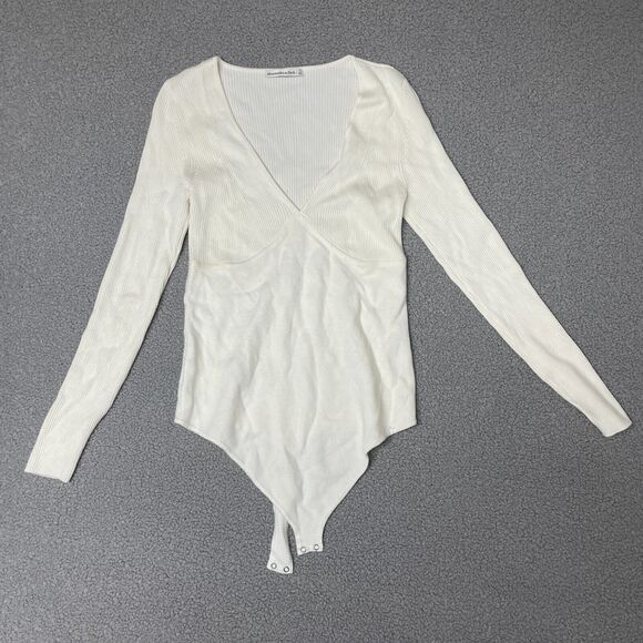 Abercrombie & Fitch off white Knit Ribbed Bodysuit Size L Long Sleeve V-Neck - Picture 1 of 8